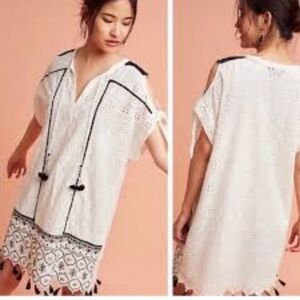 Anthropologie Hermant & Nandita Women's White Boho Embroidered Tassel Mini Dress